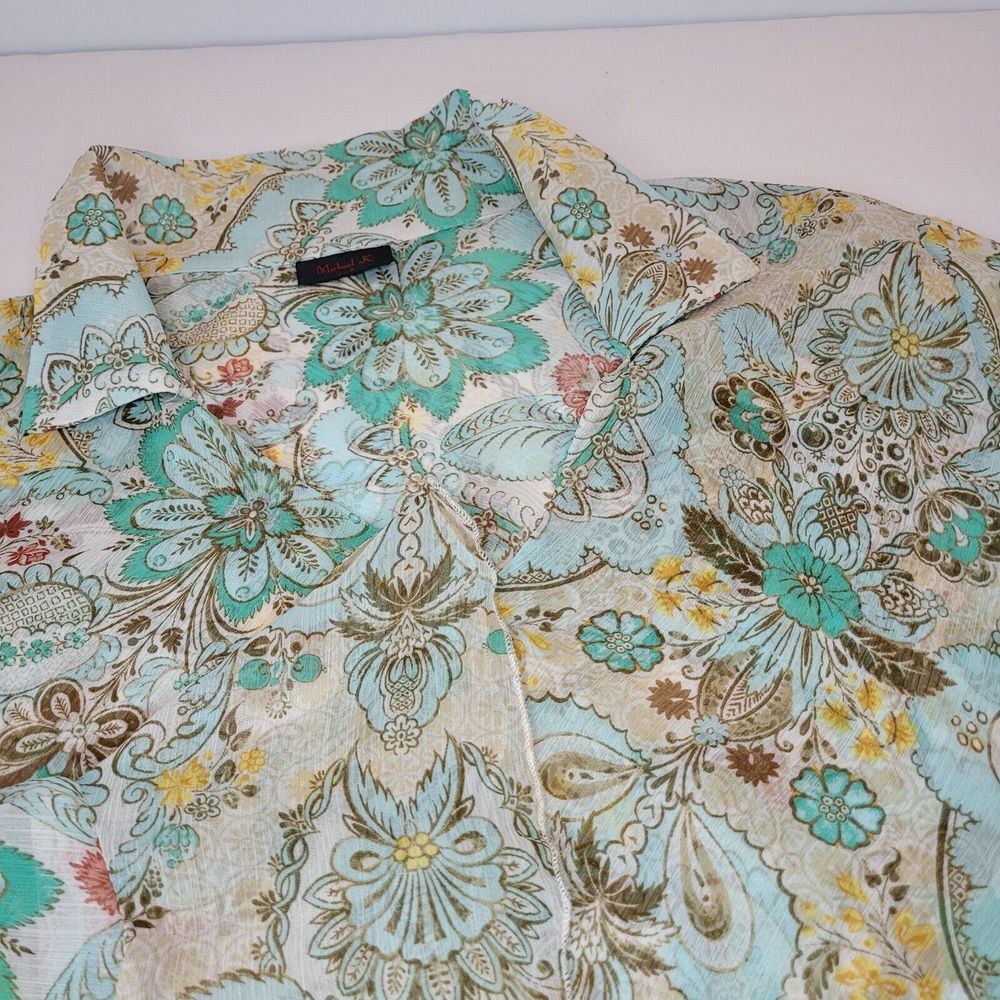 Michael K Floral Paisley Blouse Womens Medium Turquoise Boho Bell Sleeve Top